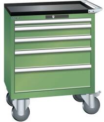 Lista mobil műhelyfiókos szekrény, 5 fiók = 1x50 + 2x100 + 1x150 + 1x200mm, 717x572x962mm, zöld