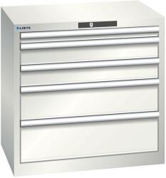 Lista műhelyfiókos szekrény, 5 fiók = 1x50 + 2x100 + 1x150 + 1x200mm, 717x572x700mm, világosszürke