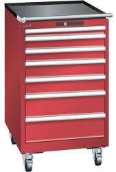 Lista mobil műhelyfiókos szekrény, 7 fiók = 1x50 + 2x75 + 2x100 + 2x150mm, 564x725x990mm, piros