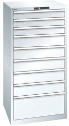 Lista műhelyfiókos szekrény, 9 fiók = 3 x 100 / 5 x 150 / 1 x 300 mm, 717x725x1450 mm, teherbírás 75 kg, fehér