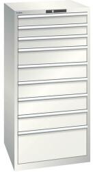 Lista műhelyfiókos szekrény, 9 fiók = 3 x 100 / 5 x 150 / 1 x 300 mm, 717x725x1450 mm, teherbírás 75 kg, világosszürke