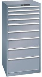 Lista műhelyfiókos szekrény, 9 fiók = 2 x 75 / 2 x 100 / 2 x 150 / 2 x 200 / 1 x 300 mm, 717x725x1450 mm, teherbírás 200 kg, sötétszürke
