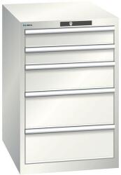 Lista műhelyfiókos szekrény, 5 fiók = 2x 100 + 1x 150 + 2x 200 mm, 564x725x850 mm, világosszürke