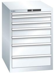 Lista műhelyfiókos szekrény, 7 fiók = 1 x 50 / 2 x 75 / 2 x 100 / 2 x 150, 564x725x800 mm, fehér