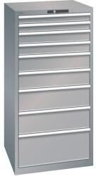 Lista műhelyfiókos szekrény, 9 fiók = 2 x 75 / 2 x 100 / 2 x 150 / 2 x 200 / 1 x 300 mm, 717x725x1450 mm, teherbírás 75 kg, szürke/ezüst
