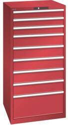 Lista műhelyfiókos szekrény, 9 fiók = 3 x 100 / 5 x 150 / 1 x 300 mm, 717x725x1450 mm, teherbírás 200 kg, piros