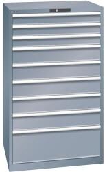 Lista műhelyfiókos szekrények, 9 fiók = 3x100mm + 5x150mm + 1x300mm, fiók teherbírás 200kg, 870x725x1450mm, sötétszürke