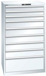 Lista műhelyfiókos szekrények, 9 fiók = 3x100mm +5x150 +1x300mm, fiók teherbírása 75kg, 870x725x1450mm, fehér