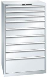 Lista műhelyfiókos szekrények, 9 fiók = 3x100mm + 5x150mm + 1x300mm, fiók teherbírás 200kg, 870x725x1450mm, szürke