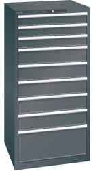 Lista műhelyfiókos szekrény, 9 fiók = 3 x 100 / 5 x 150 / 1 x 300 mm, 717x725x1450 mm, teherbírás 200 kg, fekete