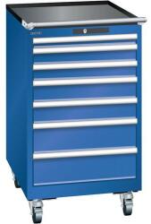 Lista mobil műhelyfiókos szekrény, 7 fiók = 1x50 + 2x75 + 2x100 + 2x150mm, 564x725x990mm, rikítókék