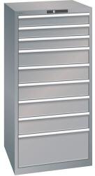 Lista műhelyfiókos szekrény, 9 fiók = 3 x 100 / 5 x 150 / 1 x 300 mm, 717x725x1450 mm, teherbírás 200 kg, szürke/ezüst