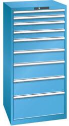 Lista műhelyfiókos szekrény, 9 fiók = 2 x 75 / 2 x 100 / 2 x 150 / 2 x 200 / 1 x 300 mm, 717x725x1450 mm, teherbírás 75 kg, világoskék