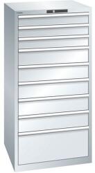 Lista műhelyfiókos szekrény, 9 fiók = 3 x 100 / 5 x 150 / 1 x 300 mm, 717x725x1450 mm, teherbírás 200 kg, szürke