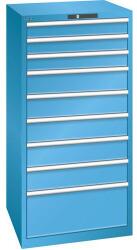 Lista műhelyfiókos szekrény, 9 fiók = 3 x 100 / 5 x 150 / 1 x 300 mm, 717x725x1450 mm, teherbírás 75 kg, világoskék