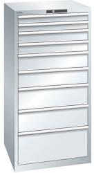Lista műhelyfiókos szekrény, 9 fiók = 2 x 75 / 2 x 100 / 2 x 150 / 2 x 200 / 1 x 300 mm, 717x725x1450 mm, teherbírás 75 kg, szürke