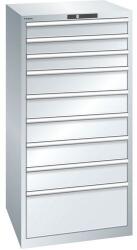 Lista műhelyfiókos szekrény, 9 fiók = 3 x 100 / 5 x 150 / 1 x 300 mm, 717x725x1450 mm, teherbírás 75 kg, szürke