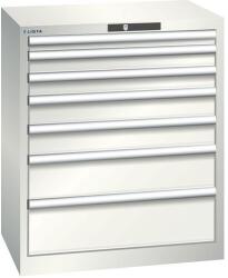 Lista műhelyfiókos szekrény, 7 fiók = 1x50 + 2x75 + 2x100 + 1x150 +1x200mm, 717x572x850mm, világosszürke