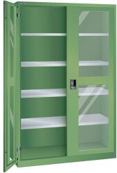 Lista műhelyszekrény polcokkal, 1250x500x1950 mm, plexi ajtók, zöld