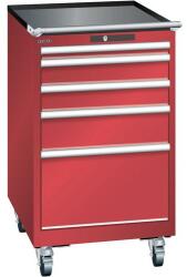 Lista mobil műhelyfiókos szekrény, 5 fiók = 1x50 + 2x100 + 1x150 + 1x300mm, 564x725x990mm, piros
