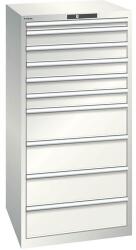 Lista műhelyfiókos szekrény, 717x725x1450 mm, 10 fiók, teherbírás 75 kg, világosszürke