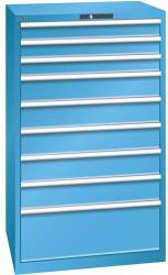 Lista műhelyfiókos szekrények, 9 fiók = 3x100mm + 5x150mm + 1x300mm, fiók teherbírás 200kg, 870x725x1450mm, világoskék