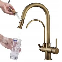 CHDE Háromutas konyhai csaptelep Retro szűrőhöz Sárgaréz Kihúzható kifolyócső (Bateria Kuchenna Trójdrożna)