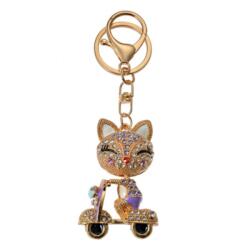 Clayre & Eef Fém kulcstartó motoros cicás, üveggyönggyel