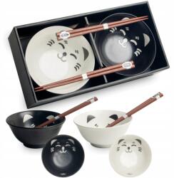 Emro Aziatica Fehér-Fekete Keleti Tál Szett 15cm pálcikákkal Cica mintás Edo J (K 2561)