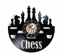  Ceas de perete din disc vinil, Tematică Șah / Chess, Design Retro cu Piese de Șah, Negru