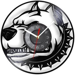  Ceas de perete decorativ Pitbull Bully, realizat din disc de vinil upcycled, model Caine cu Zgarda cu Tinte, negru, 30 cm