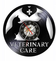  Ceas de perete decorativ din disc de vinil, Model Clinică Veterinară cu Medic, Câine și Pisică, Negru, 30 cm