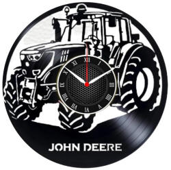  Ceas de perete decorativ realizat din disc de vinil, Model Tractor si Slogan John Deere, Negru, 30 cm