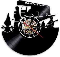  Ceas de perete decorativ realizat din disc de vinil, Model Pompieri si Autospeciala de Interventie / Camion de Pompieri, Negru, 30 cm