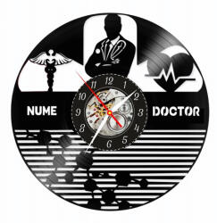  Ceas de perete decorativ realizat manual din disc de vinil, handmade, tematica Doctor si Stetoscop, ideal cadou de multumire pentru medici si cadre medicale, Negru, 30 cm