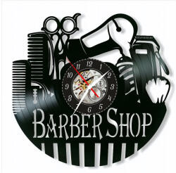  Ceas de perete decorativ realizat din disc de vinil, Model Frizerie Barber Shop cu Uscator, Foarfece, Piepteni si Masina de Tuns, Negru, 30 cm