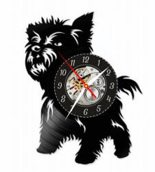  Ceas de perete decorativ "Yorkshire Terrier", lucrat manual din disc de vinil (Vinyl Record), design catel Yorkie, Negru