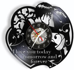  Ceas de perete decorativ realizat din disc de vinil, Model Cuplu Indragostiti si Inima, Text I love you today tomorrow and forever, Negru, 30 cm