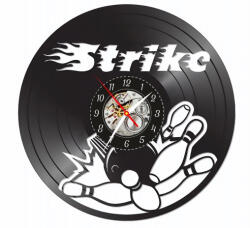  Ceas de perete decorativ realizat din disc de vinil, Model Bowling Strike, Bila in Impact cu Popicele, Text Stilizat Strike, Negru Premium, 30 cm