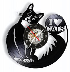  Ceas de perete decorativ I Love Cats, realizat din disc de vinil upcycled, model Pisica si Coada Pufoasa, negru, 30 cm