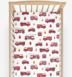 Goldea gyerek körgumis pamut lepedő kiságyba - tűzoltóautók 60 x 120 cm