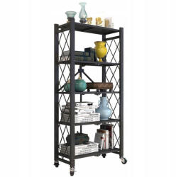  5-szintes összecsukható, Mobil Polcos Szekrény Görgőkön, Fekete