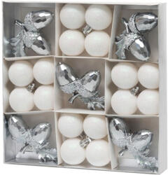 MagicHome karácsonyfadísz készlet, 21 darabos, fehér-ezüst színű, mix (gömb és makk), fényes és csillámos felülettel (TC8091909)