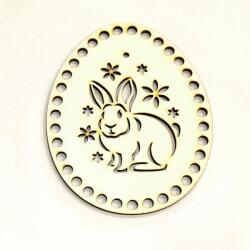  Tojás alakú natúr dekortábla nyuszi és virág mintával. Mérete: 10, 3x13 cm, lyuk mérete: 6 mm