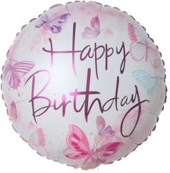 Mezőfi Team Kft Happy Birthday, rózsaszín pillangós, gömb fólia lufi, 45 cm