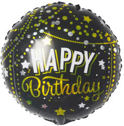 Mezőfi Team Kft Happy Birthday, fekete, arany csillagos-pöttyös, gömb fólia lufi, 45 cm