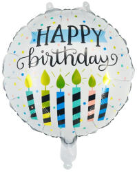 Mezőfi Team Kft Happy Birthday, fehér, gyertyás, gömb fólia lufi, 45 cm