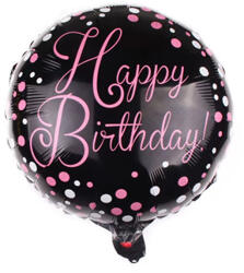 Mezőfi Team Kft Happy Birthday, fekete, pink pöttyös, gömb fólia lufi, 45 cm