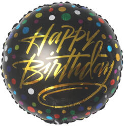 Mezőfi Team Kft Happy Birthday, feket, színes pöttyös, gömb fólia lufi, 45 cm