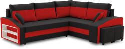Greensite Grande sarokkanapé polcokkal és puffokkal , polc a bal karfaban puffok a jobb karfaban, jobboldali, szövet anyag, bonell töltet, fekete - piros